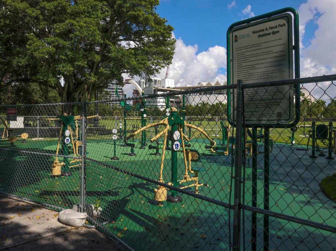 The outdoor gym is fenced off while the political battle over gym equipment installation at Miami’s downtown Maurice A. Ferré Park is resolved when the issue goes to a referendum in the August primary.