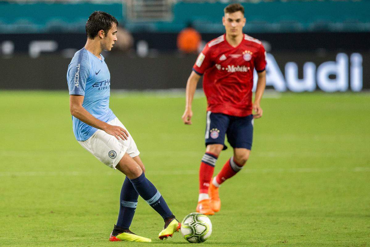 Manchester City defender Eric Garcia (50) delivers a pass during an International Champions Cup match between Manchester City and Bayern Munich at Hard Rock Stadium in Miami Gardens, Saturday, July 28, 2018. 