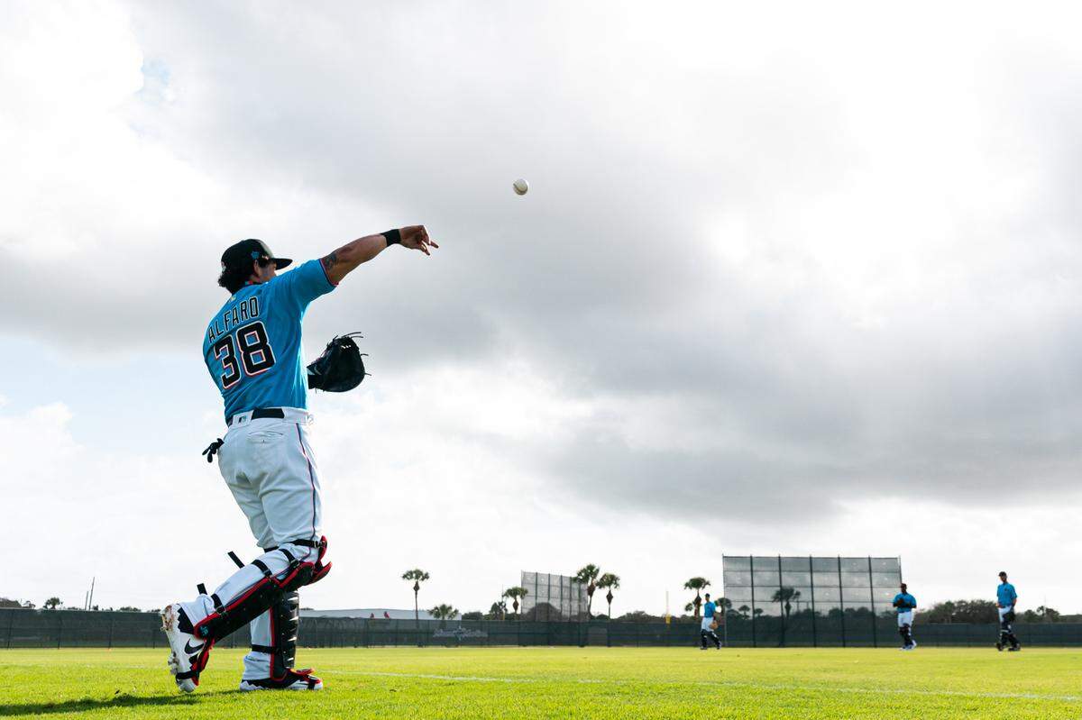 Miami Marlins Jorge Alfaro on the first day of Spring Training on February 18, 20201 at the Miami Marlins Spring Training facility at Roger Dean Chevrolet Stadium in Jupiter, Florida.