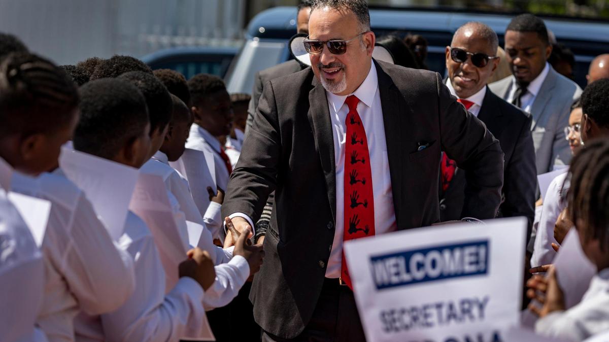 Miami, Florida - May 4, 2023 - U.S. Secretary of Education Miguel Cardona is welcomed by students at Dr. Frederica S. Wilson / Skyway Elementary School in Miami Gardens. He and U.S. Rep. Frederica S. Wilson highlighted the 5,000 Role Models mentorship program for young men in Miami-Dade public schools. Cardona slammed the education bills coming out of the Florida Legislature, saying they are the ‘opposite’ of what’s needed to solve the nation’s teacher shortage.