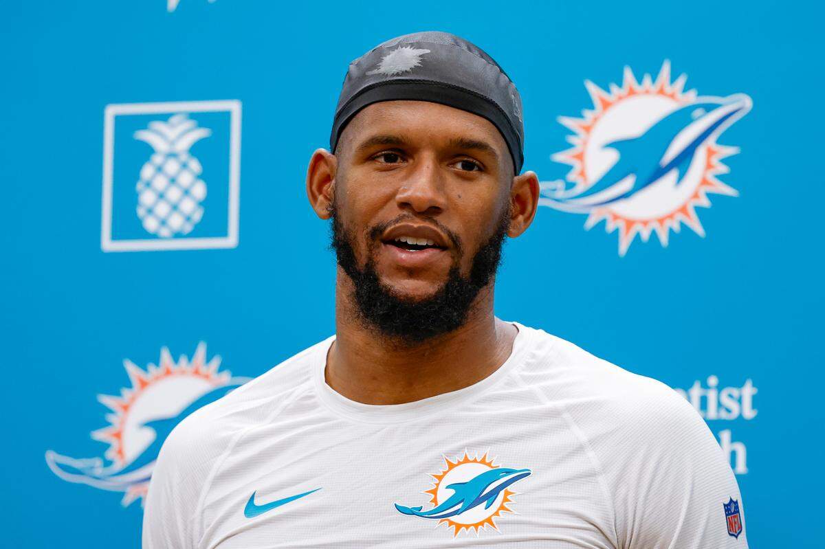 Miami Dolphins wide receiver Cedrick Wilson Jr. (11) speaks to reporters after practice at the Baptist Health Training Complex in Miami Gardens, Florida on Friday, July 28, 2023.