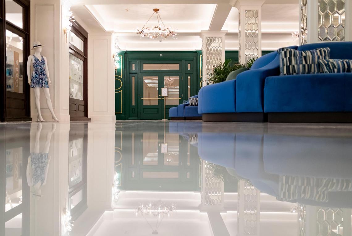Coral Gables officials halted unpermitted renovation work at the lower lobby of the historic Biltmore Hotel that covered up historic architectural features like tile floors and filigreed stenciling on columns and ceiling beams with white marble, paint and mirrored glass.