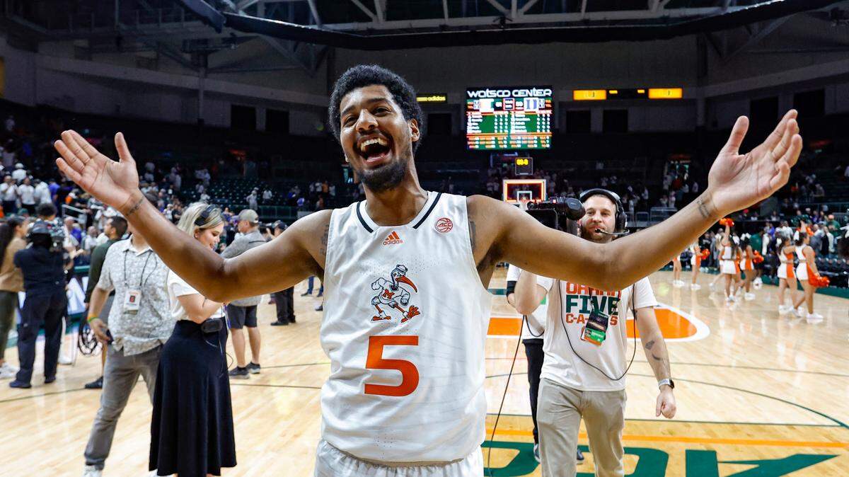 Miami Hurricanes guard Harlond Beverly (5) celebrates after the Canes defeat Duke Blue Devils at the Watsco Center in Coral Gables, Florida on Monday, February 6, 2023.