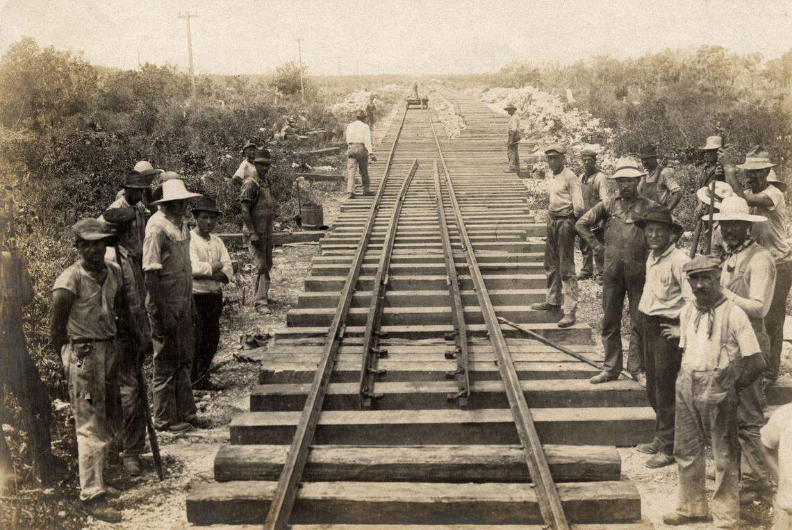 A track laying crew on the Florida East Coast Railway, Key West Extension. Monroe County Library Collection.