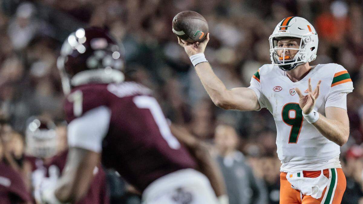 Miami Hurricanes quarterback Tyler Van Dyke (9) passes the ball against the Texas A&M Aggies in the fourth quarter at Kyle Field, Bryan College Station, Texas on Saturday, September 17, 2022.