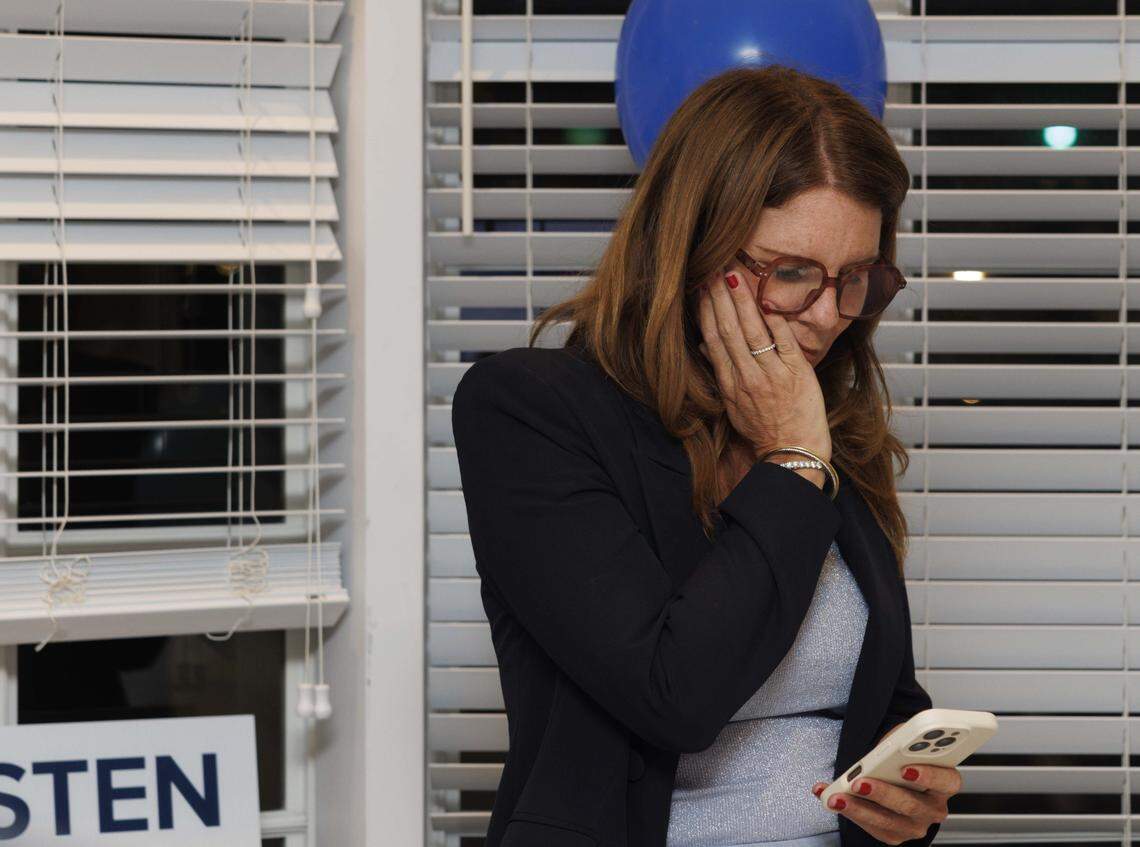 Kristen Rosen Gonzalez, Miami Beach mayoral candidate, reacts to the first wave of ballots being recorded during a watch party on Tuesday, Nov. 4, 2025, at the Cardozo Hotel in South Beach.