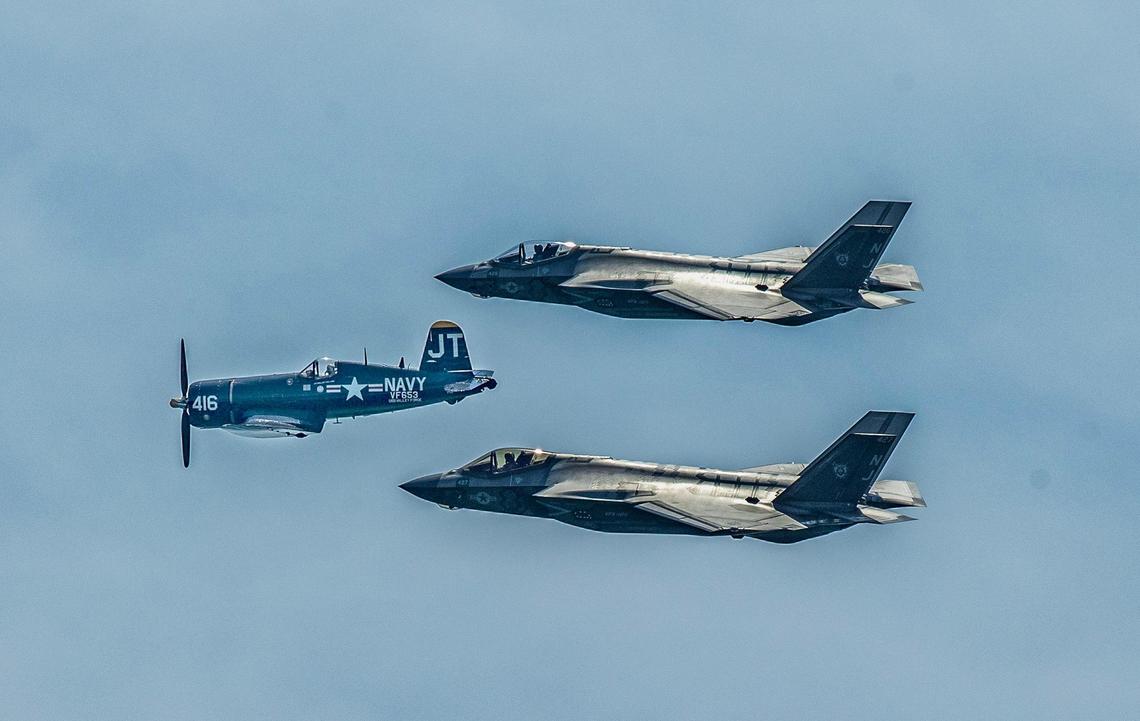 Two F-35C Lightning IIs and an F4U Corsair in a three aircraft formation flight showcased the past and future of Naval aviation in a demonstration during the 2023 Fort Lauderdale Air Show. on Saturday April 29, 2023.