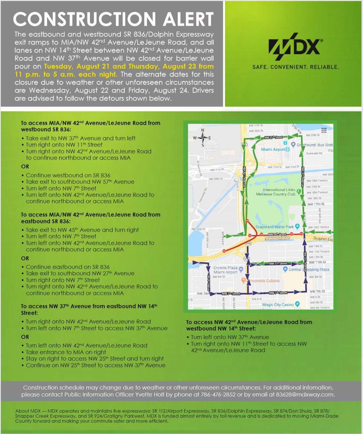 MDX complete closure at Northwest 14th Street from 11 p.m. to 5 a.m. on the nights of Aug. 21 and 23, 2018.