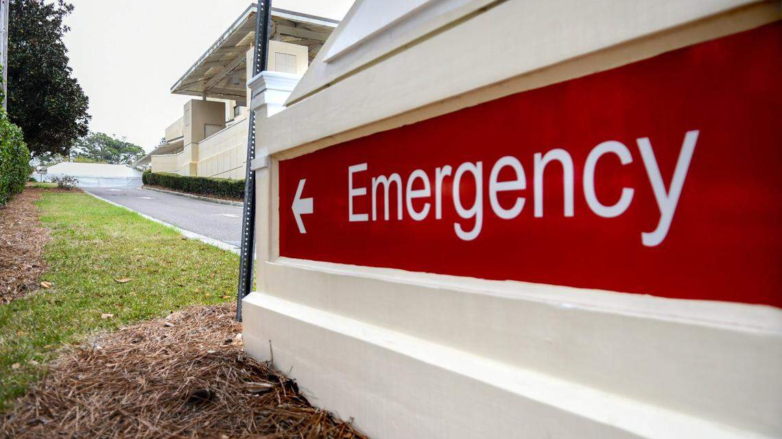 An emergency signs points to the ramp to Hilton Head Island Hospital’s emergency entrance as shown on Wednesday, March 18, 2020.