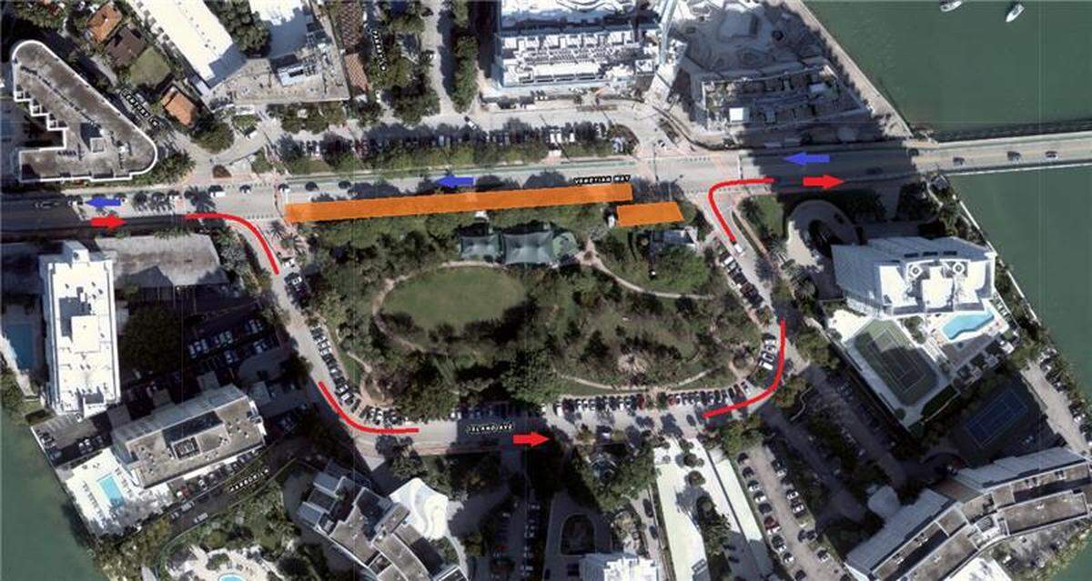 The traffic changes planned on Belle Isle during the first phase of the Venetian Causeway Water and Sewer Main Replacement project. The orange markings indicate the locations of lane closures while blue and red arrows indicate traffic flow.