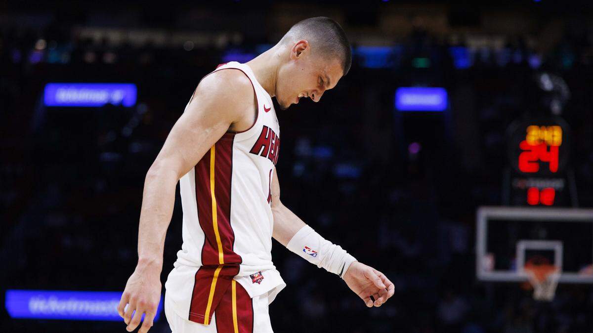 Miami Heat guard Tyler Herro (14) reacts during the second half of a game against the Boston Celtics on April 1, 2026, at Kaseya Center in Miami.