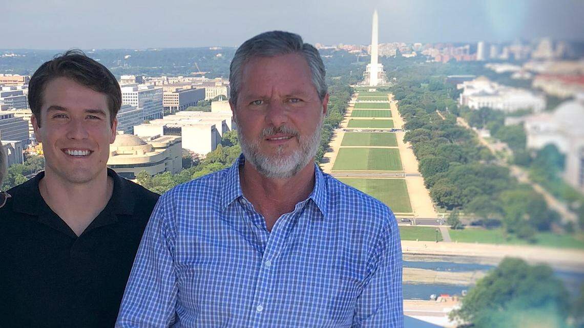 Giancarlo Granda, left, and Jerry Falwell Jr. in an undated photo that appears in “God Forbid: The Sex Scandal That Brought Down A Dynasty,” a documentary set to premiere Nov. 1, 2022, on Hulu.