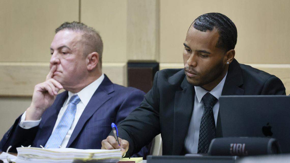 Defendant Jose Mateo with his lawyer Richard Diaz argues Florida’s stand-your-ground statute before Judge Ernest A. Kollra on Friday, Aug. 22, 2025. Mateo is one of four Miami-Dade officers charged with manslaughter in the case stemming from the death of UPS driver Frank Ordonez, who was shot by police during a shootout with his kidnappers. (Mike Stocker/South Florida Sun Sentinel)