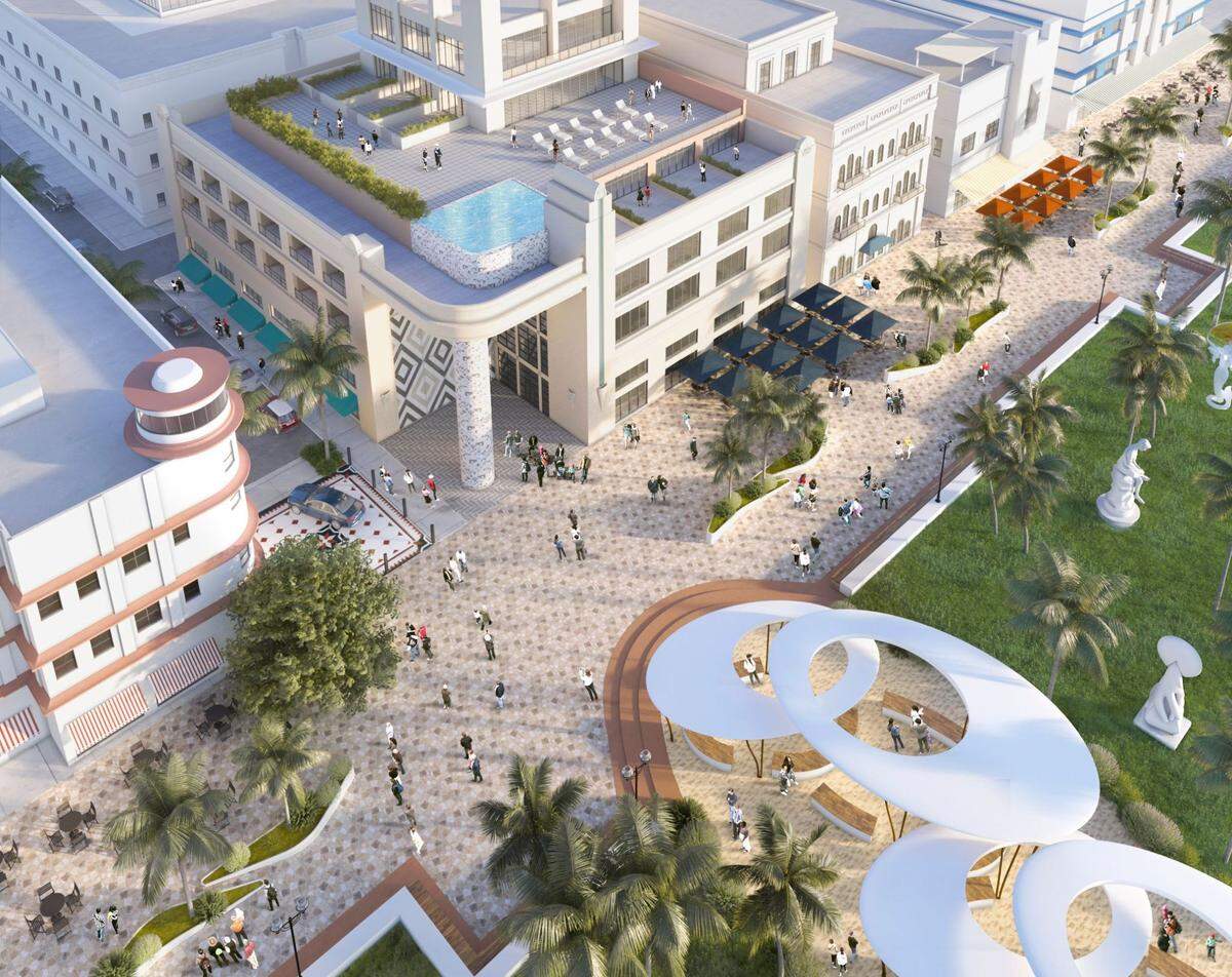 A conceptual drawing shows a multi-story complex at the site of Mango’s Tropical Cafe in South Beach and a pedestrianized Ocean Drive.&nbsp;