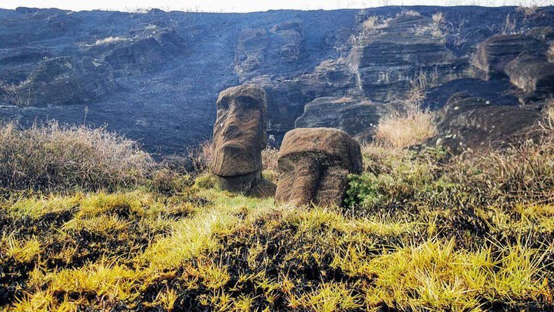 A fire, from a human or volcano, on Easter Island, Chile, caused irreparable damage to the Moai statues, or Easter Island heads, mayor says.