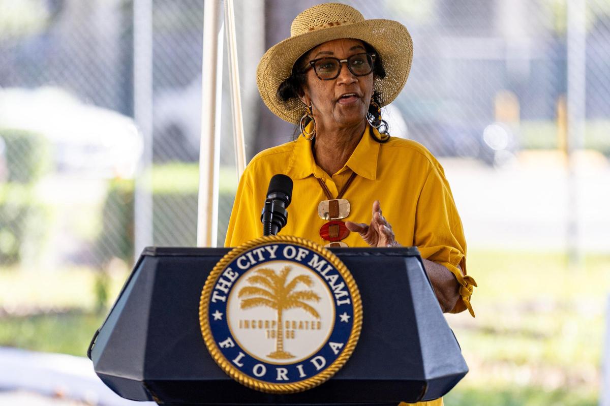 Daughter of Dr. Ira P Davis, Carol Henley Byrd, speaks during a street renaming ceremony in honor of her father at the Historic Black Police Precinct & Courthouse in Miami, Florida, on Friday, November 17, 2023. Northwest 16th Street between Second and Third Avenue was renamed “Dr. Ira P. Davis Street.”