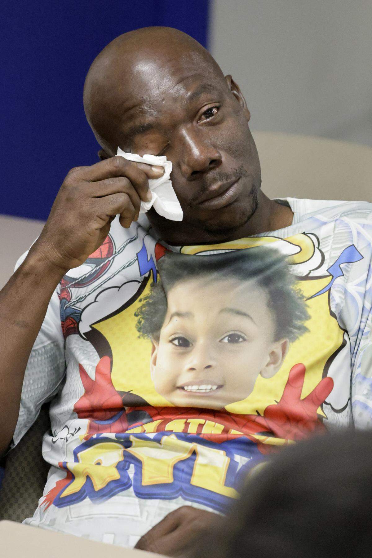 Rylo Yancy’s grandfather Jerrold Pough gets emotional during a press conference at the Fort Lauderdale Police Department's temporary headquarters on Thursday, Sept. 25, 2025. Police announced the recent arrests that have been made in the homicide of three-year-old Rylo Yancy. Rylo was killed in a drive-by shooting while attending another child's birthday party at Riverland Park. (Mike Stocker/South Florida Sun Sentinel)