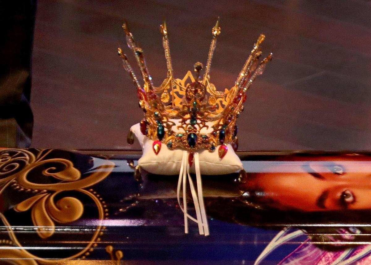 A crown adorns Miya Marcano’s casket during her funeral service on Thursday, Oct. 14, 2021, at Cooper City Church of God in Cooper City. Marcano, a 19-year-old college sophomore from Pembroke Pines, was found murdered in a wooded area near her apartment complex in Orlando on Oct. 2.