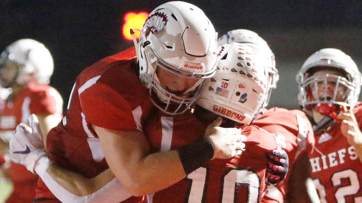 Cardinal Gibbons Chiefs’ wide receiver Troy Stellato (10) celebrates after scoring a touchdown against Clewiston Tigers during the FHSAA 4A football regional quarterfinal game on Friday, November 13, 2020 at Cardinal Gibbons High School