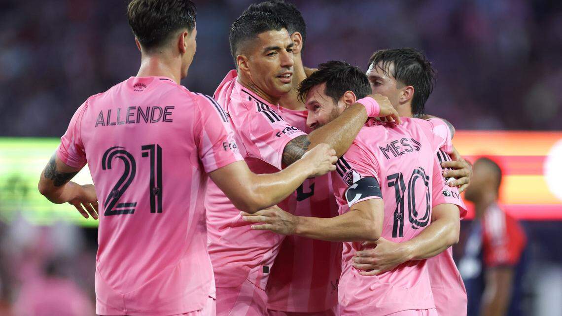 Jul 9, 2025; Foxborough, Massachusetts, USA; Inter Miami CF forward Luis Suarez (9) and Inter Miami CF forward Lionel Messi (10) celebrate after a goal during the first half against the New England Revolution at Gillette Stadium. Mandatory Credit: Paul Rutherford-Imagn Images