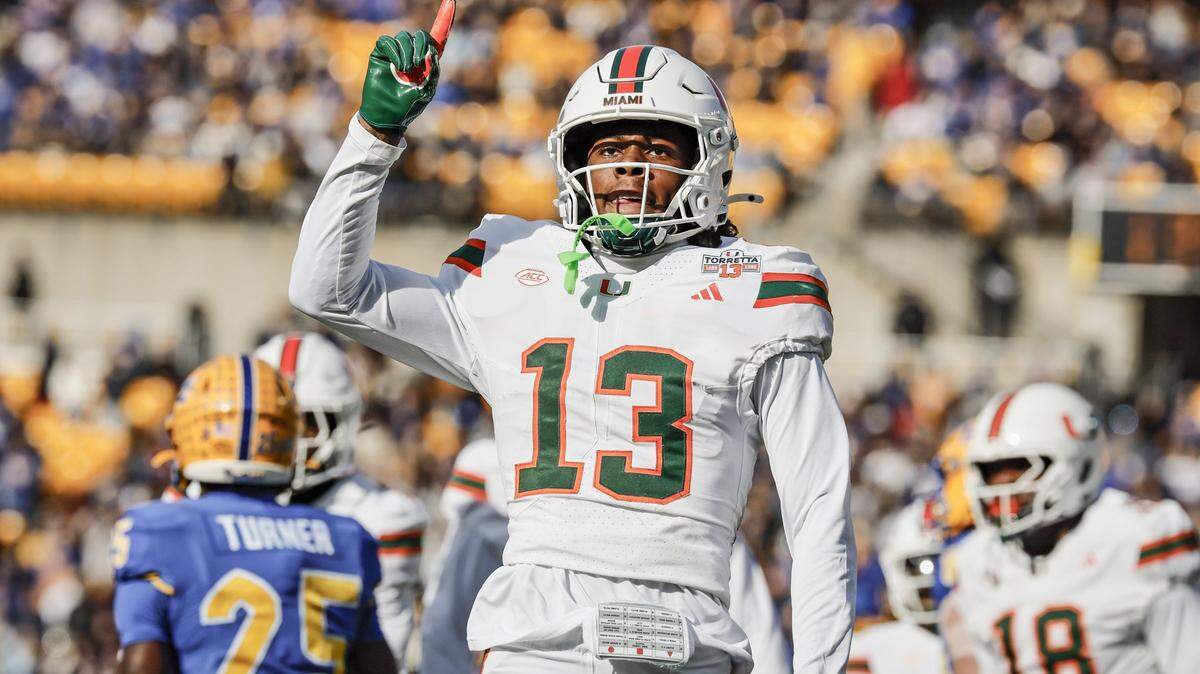 Miami Hurricanes defensive back Bryce Fitzgerald plays against the Pittsburgh Panthers in Pittsburgh on November 29, 2025. Fitzgerald was robbed at gunpoint during a Florida City party on Jan. 10, 2026, police say.