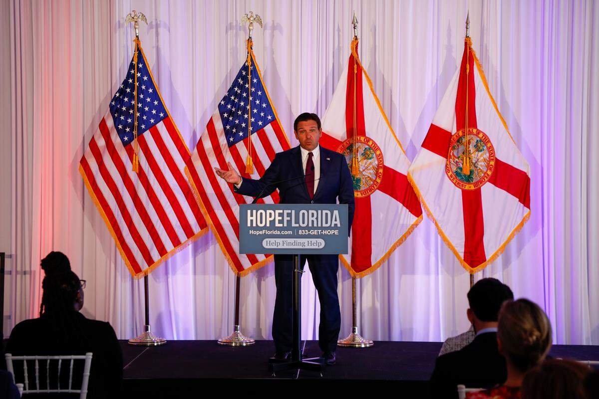 Gov. Ron DeSantis speaks during a press conference at The Vault on Tuesday, May 20, 2025, in Tampa.