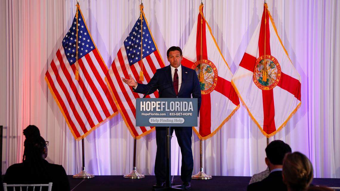 Gov. Ron DeSantis speaks during a press conference at The Vault on Tuesday, May 20, 2025, in Tampa.