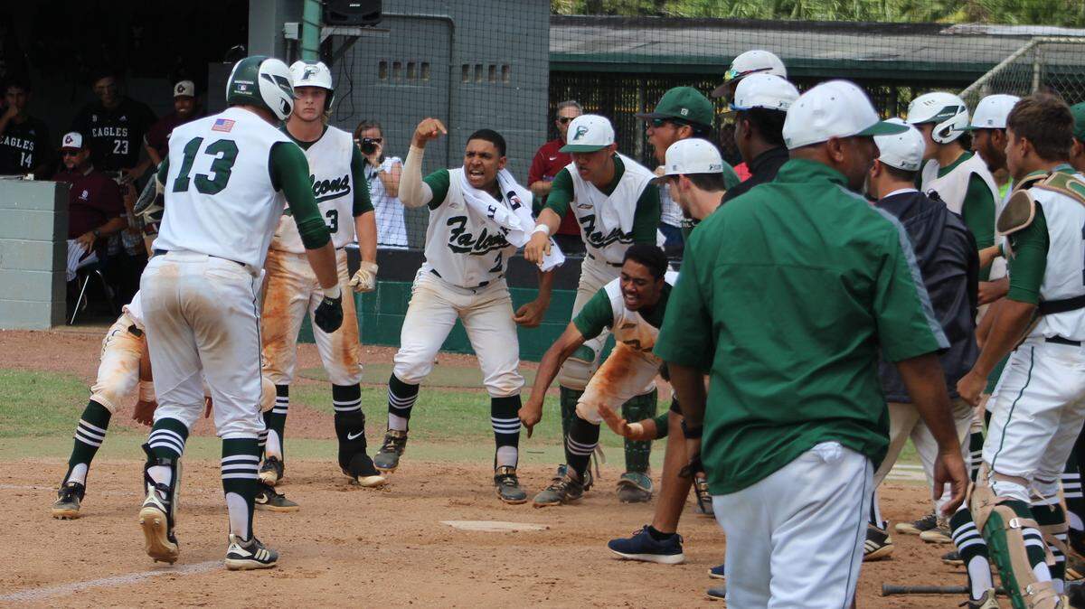Flanagan players wait to greet Miguel Useche at home plate following his two-run homer in the fifth inning that snapped a 2-2 tie and propelled his team on to a 10-3 victory over Douglas in a Region 3-9A semifinal Saturday afternoon at Flanagan High School.