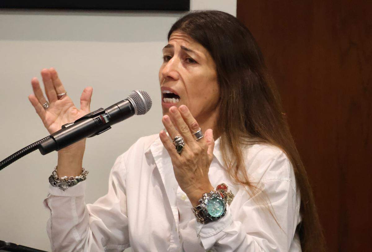 Broward Teachers Union President Anna Fusco speaks to Broward County School Board members during public comment regarding potential job cuts on Monday, May 11, 2026, in Fort Lauderdale. (Joe Cavaretta/South Florida Sun Sentinel)