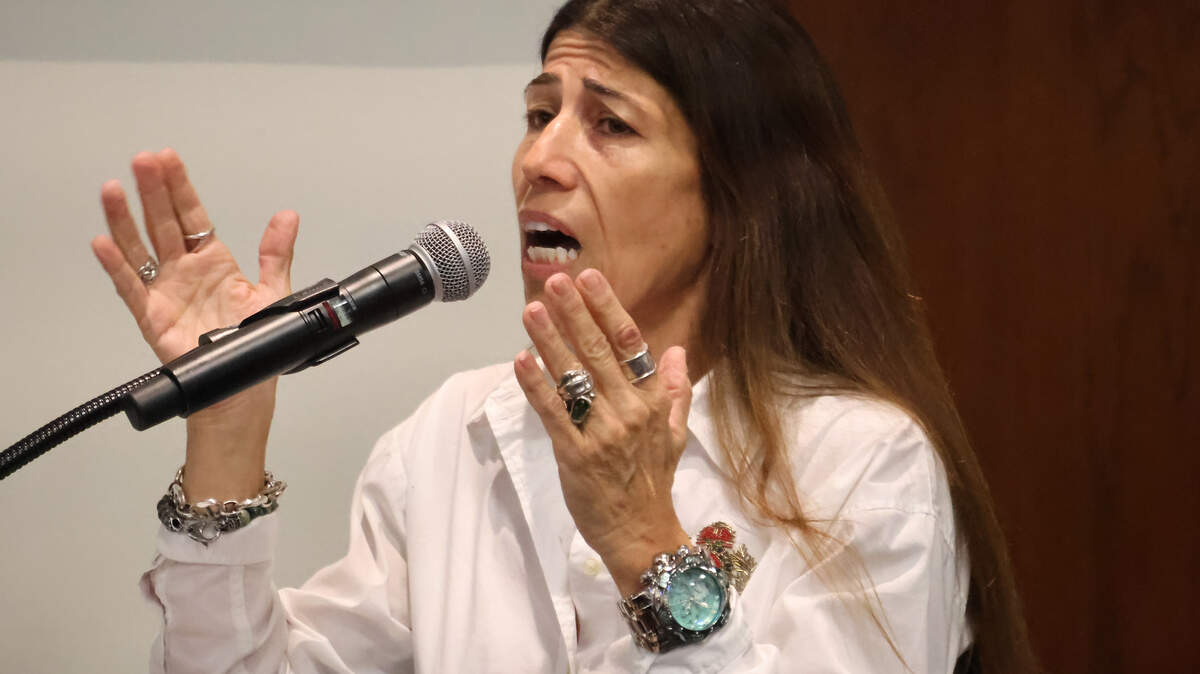 Broward Teachers Union President Anna Fusco speaks to Broward County School Board members during public comment regarding potential job cuts on Monday, May 11, 2026, in Fort Lauderdale. (Joe Cavaretta/South Florida Sun Sentinel)