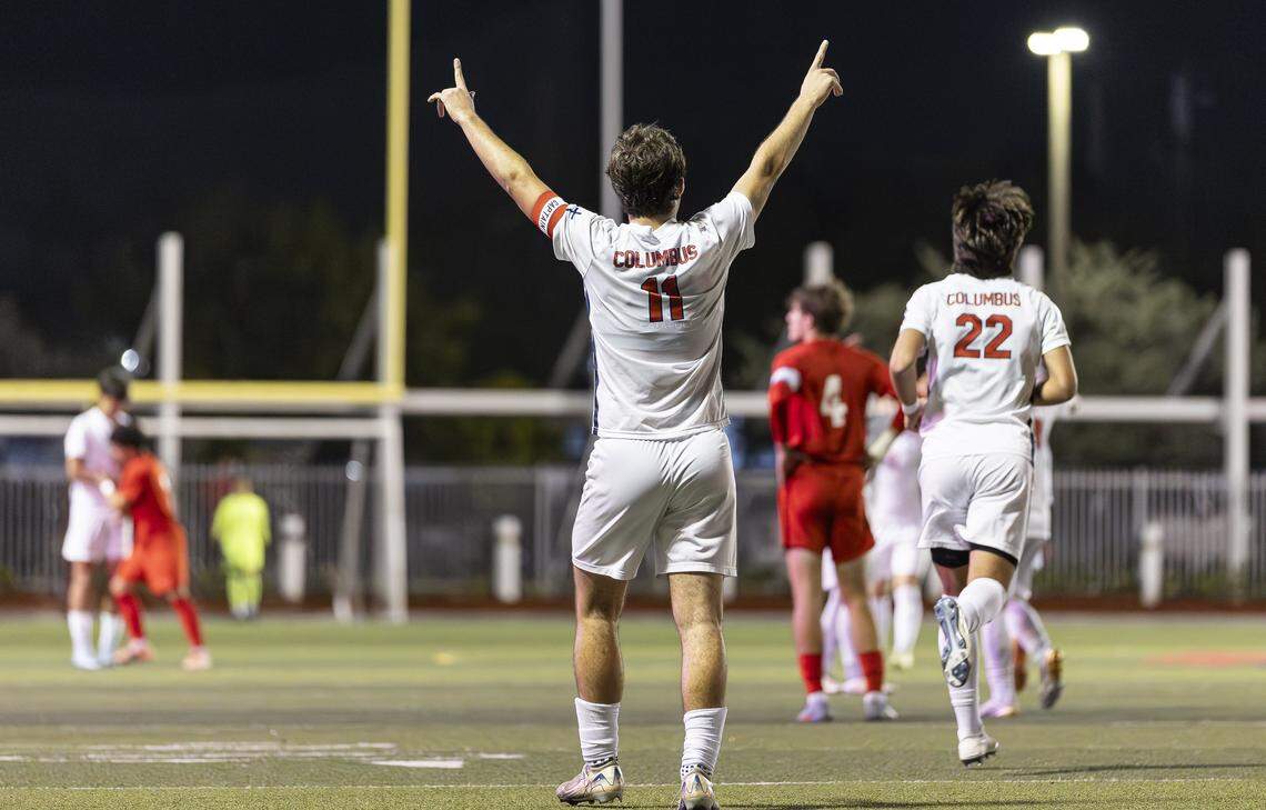 Columbus Explorers Jorge Gonzalez-Tello (11) celebrates after scoring a goal against the Doral Academy Firebirds in the second half of their Region 4-7A semifinal playoff high school soccer game at Doral Academy on Thursday, Feb. 12, 2026, in Doral, Fla.