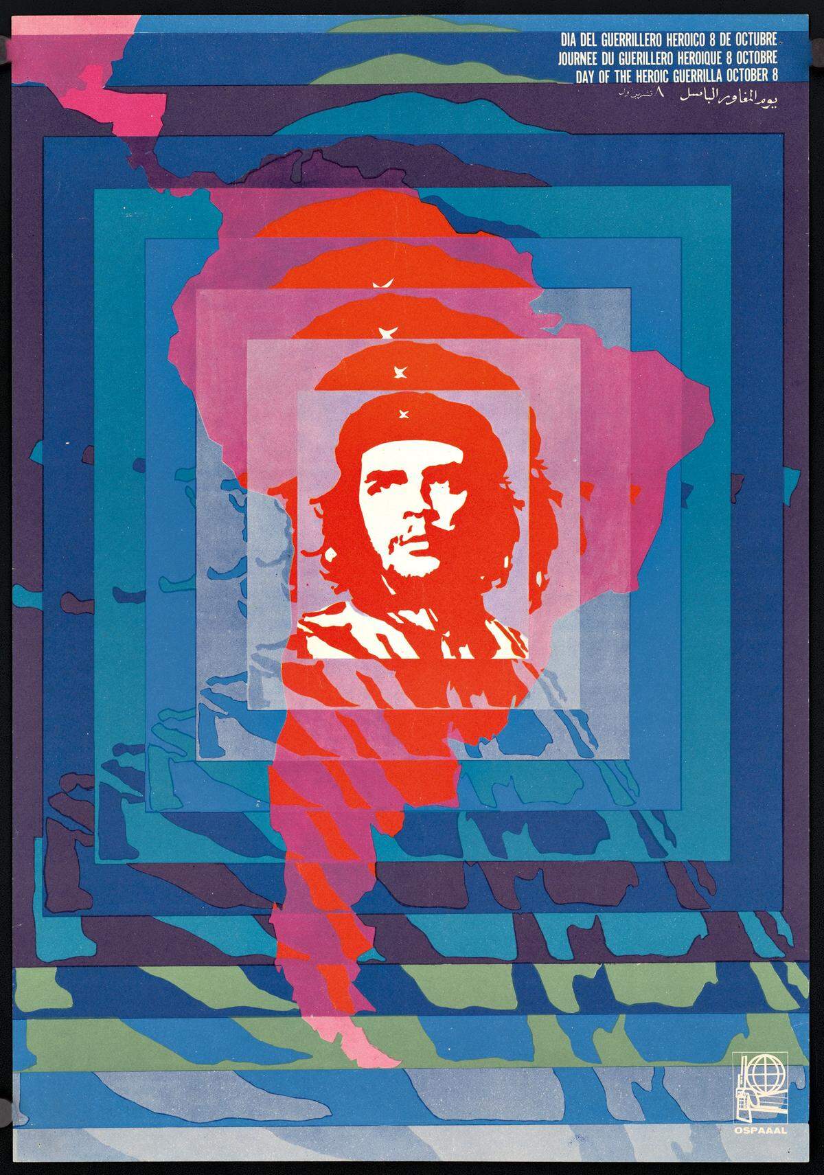 Elena Serrano (artist) and OSPAAAL (publisher), “Día del guerrillero heróico (Day of the Heroic Guerrilla), 1968. Offset lithograph on paper, 19.5 x 13.56 inches. Collection of the Prints & Photographs Division, Library of Congress, Washington DC. Gift of Gary Yanker, 1975-1983.