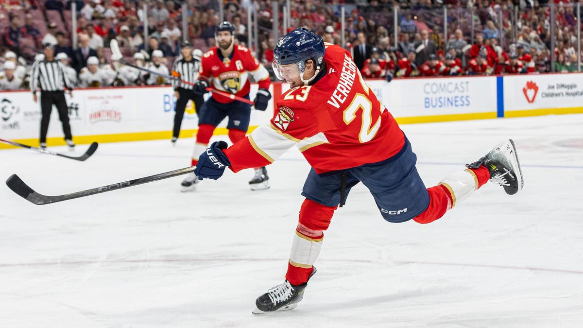 Florida Panthers center Carter Verhaeghe (23) shoots the puck against the Chicago Blackhawks in the first period of their NHL game at Amerant Bank Arena on Saturday, Feb. 1, 2025, in Sunrise, Fla.