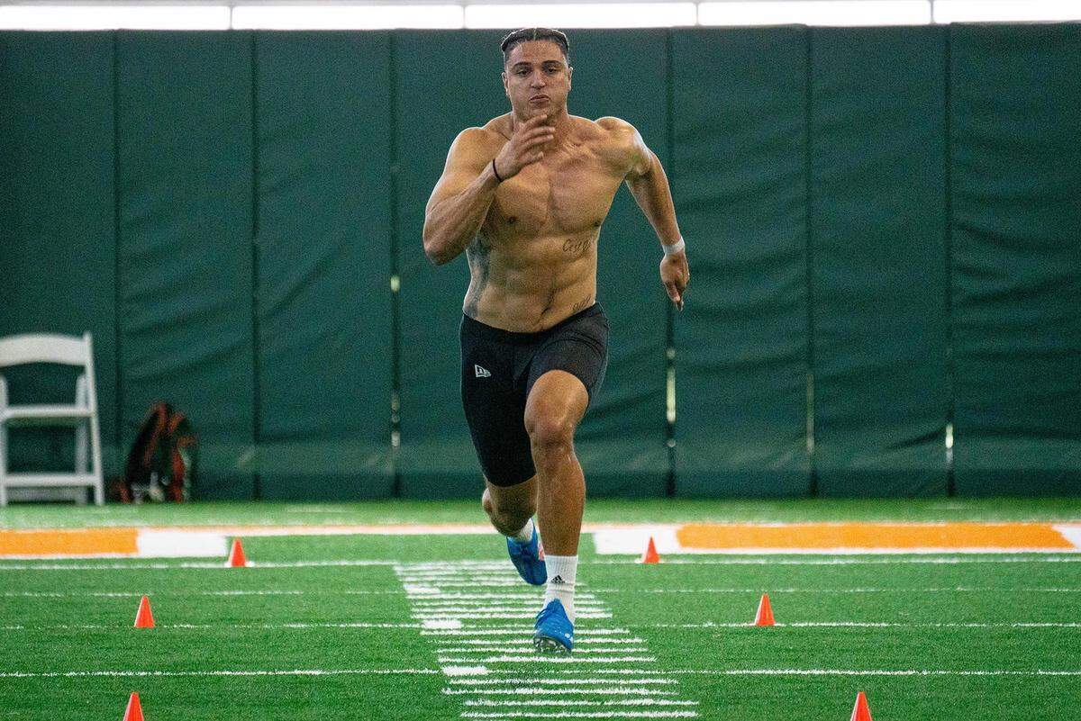 University of Miami pass rusher Jaelan Phillips ran a 4.56-second 40 during during UM’s pro day in Coral Gables on Monday, March 29, 2021.