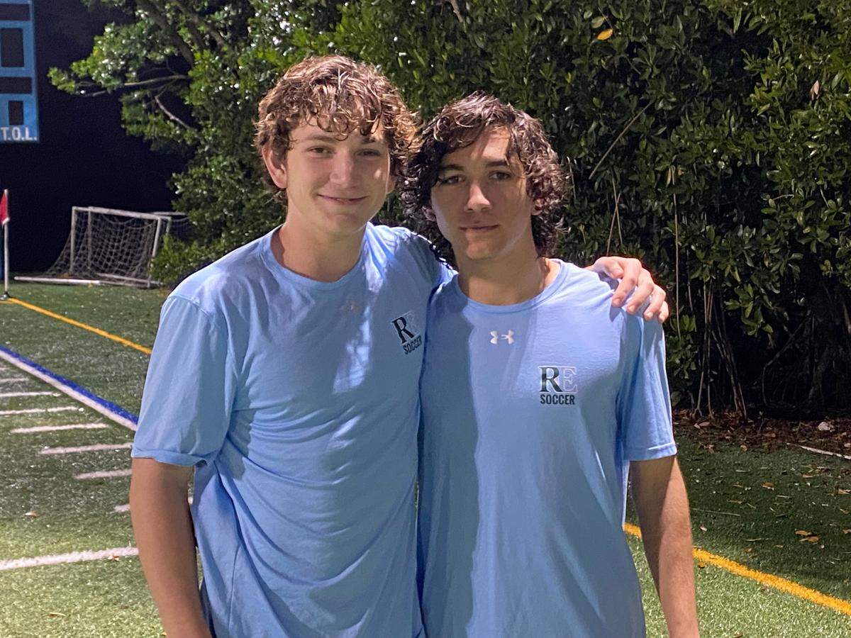 Christian (left) and Nicholas (right) Sosa, twin brothers on the Ransom Everglades boys soccer team, combined to score three of the Raiders’ goals on Wednesday night in a 4-0 win over Westminster Christian in a Region 4-3A quarterfinal at Ransom.