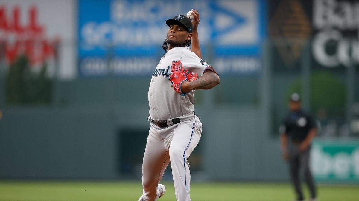 May 22, 2023; Denver, Colorado, USA; Miami Marlins starting pitcher Edward Cabrera (27) pitches in the first inning against the Colorado Rockies at Coors Field. Mandatory Credit: Isaiah J. Downing-USA TODAY Sports