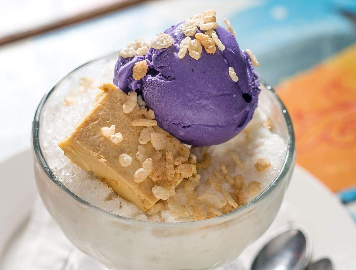 Tita Baby’s serves unique desserts like halo halo with ube on top.