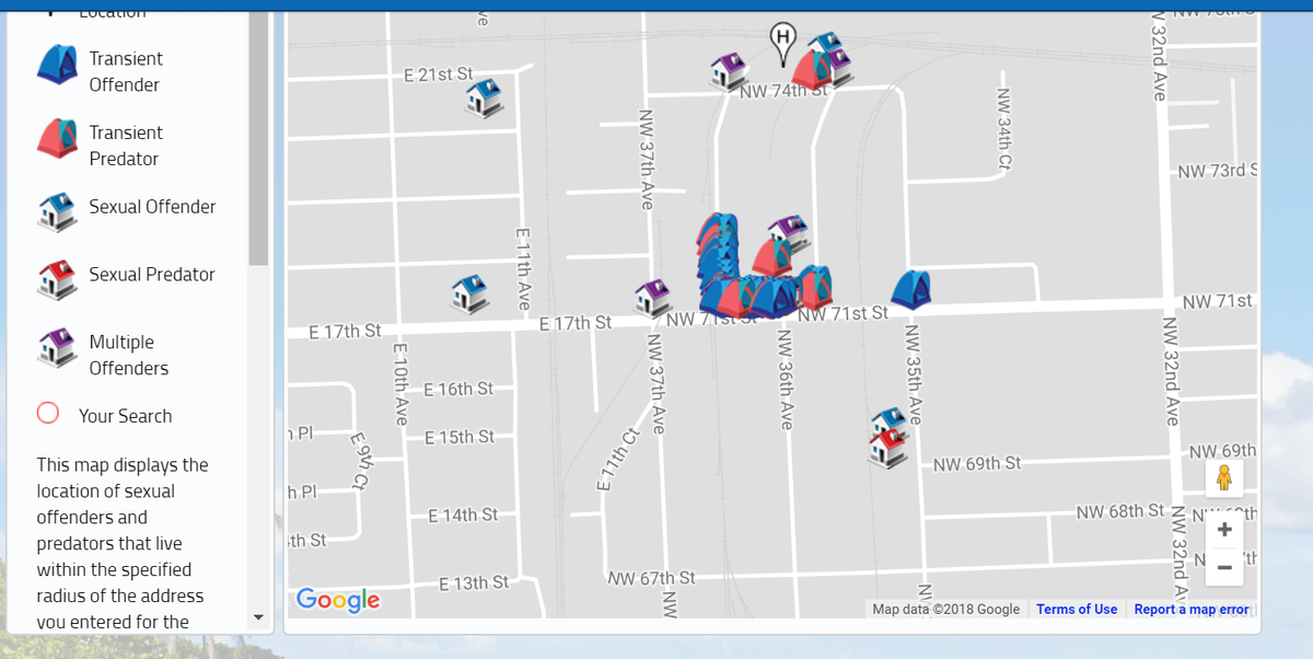 A screen shot of the state's map of where registered sex offenders say they are living. More than 200 transient offenders (marked by tents) are listed as living in the encampment outside of Hialeah.