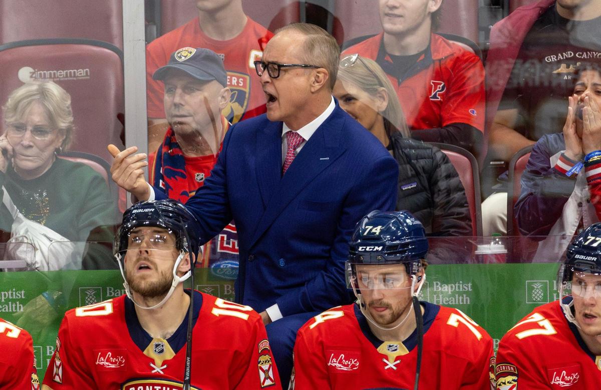 Florida Panthers head coach Paul Maurice shouts from the bench during the first period of an NHL game against the Tampa Bay Lightning at Amerant Bank Arena on Monday, Dec. 23, 2024, in Sunrise, Fla.