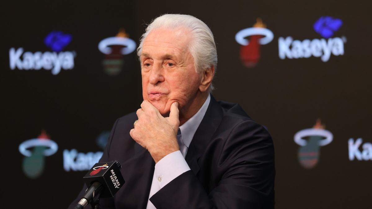 Heat president Pat Riley, reacts prior to responding to a question during his season-ending press conference at Kaseya Center on Monday, April 27, 2026, in Miami, Florida.