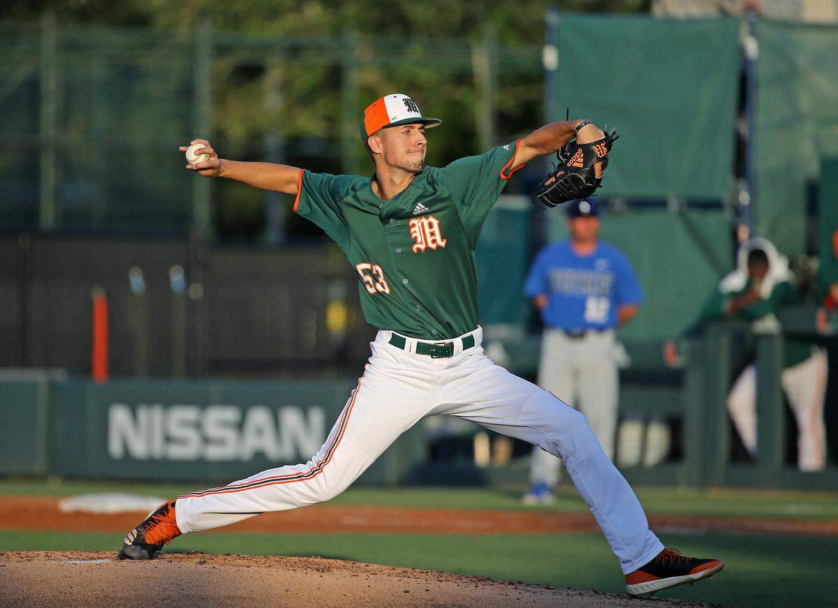 Miami Hurricanes pitcher Brian Van Belle (53) pitches during the second inning of a NCAA baseball game against the Duke Blue Devils at Alex Rodriguez Park at Mark Light Field on Thursday, May 16, 2019 in Coral Gables.