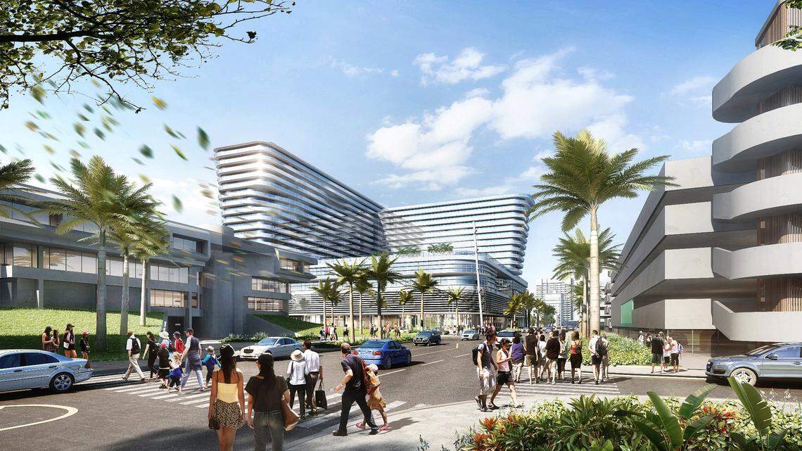 Rendering of the new proposed Miami Beach convention center hotel looking east down 17th Street.