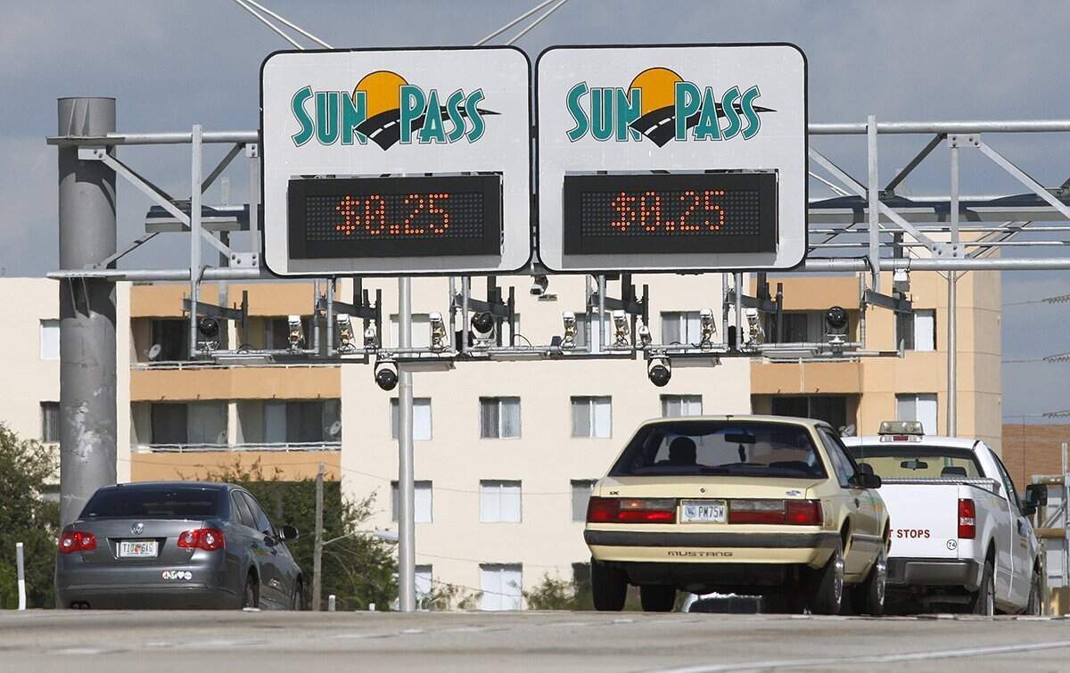 Sunpass sensors hang beneath the variable toll signs on the Northbound I-95 Express lanes between I-195 and NW 61st Street.