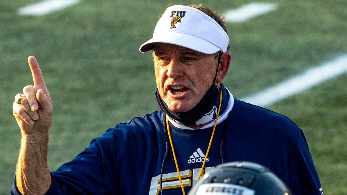 Florida International University Head Coach Butch Davis speaks to players during the Annual FIU Football Spring Showcase at Riccardo Silva Stadium in Miami, Florida, on Friday, April 16, 2021.