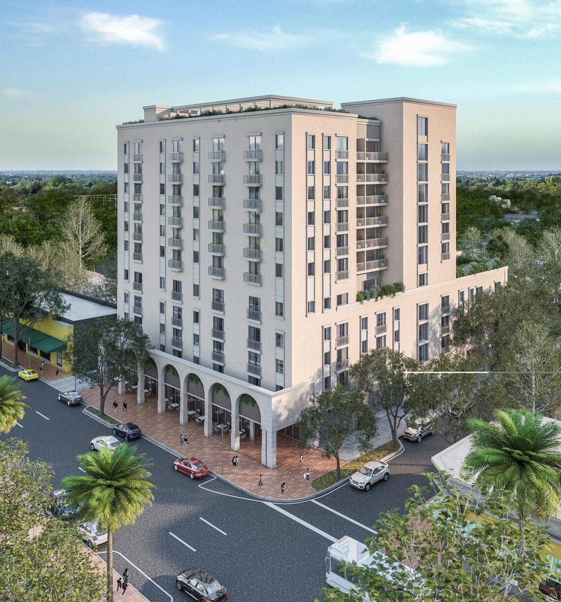 Una representación gráfica muestra un edificio de apartamentos de 116 unidades —destinado a viviendas asequibles y para la fuerza laboral— que el promotor Nir Shoshani planea construir en un terreno municipal transferido a su empresa, NR Investments, sin costo alguno, en el 1340 de Southwest Eighth Street, en el barrio de Little Havana, en Miami.