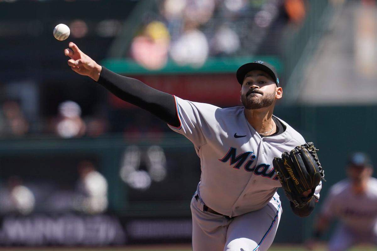 Miami Marlins’ Pablo Lopez pitches against the San Francisco Giants during the first inning of a baseball game in San Francisco, Saturday, April 9, 2022.