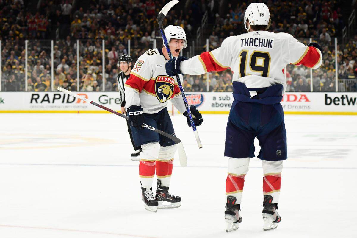 May 17, 2024; Boston, Massachusetts, USA; Florida Panthers center Anton Lundell (15) reacts with Florida Panthers left wing Matthew Tkachuk (19) after scoring a goal during the second period in game six of the second round of the 2024 Stanley Cup Playoffs against the Boston Bruins at TD Garden. Mandatory Credit: Bob DeChiara-USA TODAY Sports