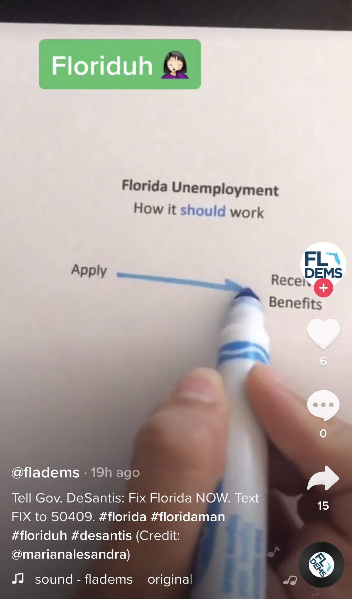 The Florida Democratic Party’s TikTok account posts videos that comment on political issues in the state, like Gov. Ron DeSantis’ handling of the issue-ridden unemployment system.