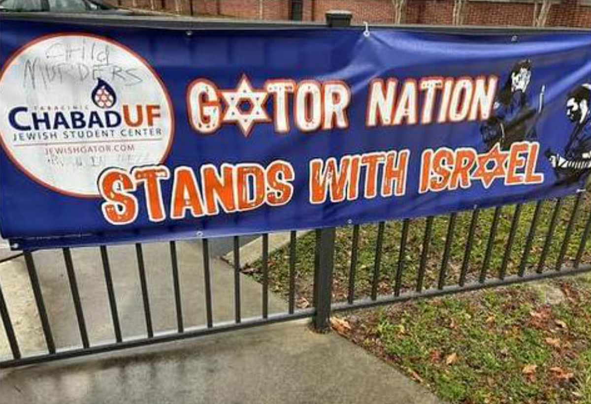 A banner supporting Israel at the Lubavitch Chabad Jewish Student & Community Center, located outside the University of Florida, was vandalized on Friday, Nov. 24, 2023, the organization said.