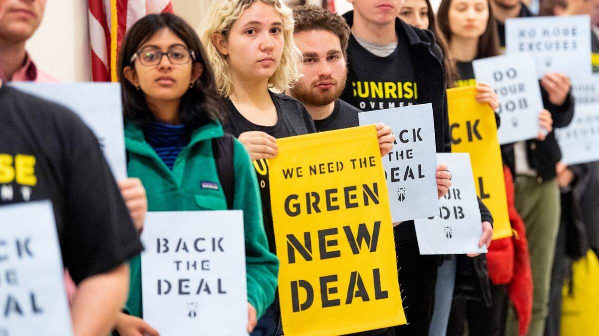 Demonstrators inside the office of House Speaker Nancy Pelosi in Washington, D.C., want Democrats to support the Green New Deal.